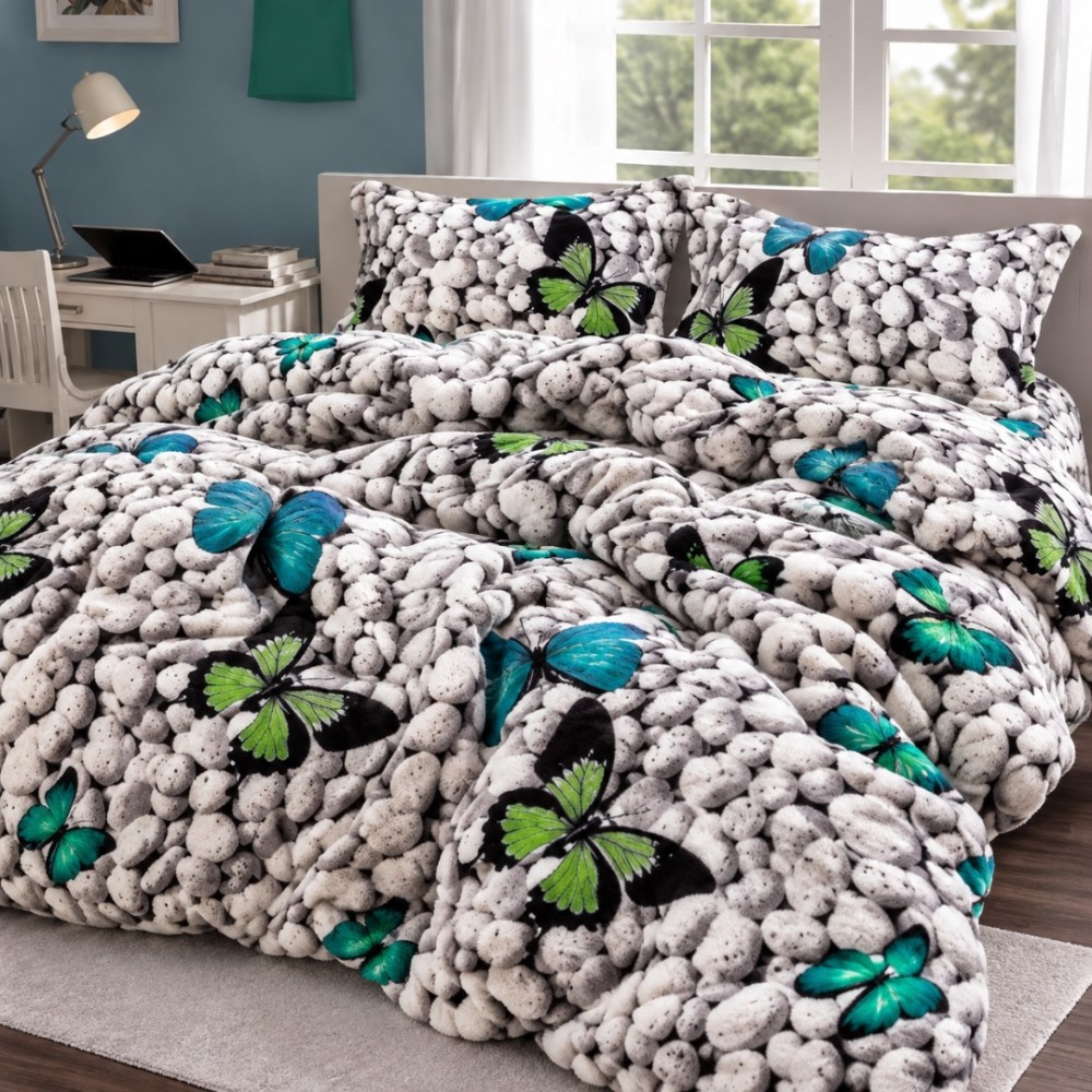 Lenjerie pat dublu, Super Pufoasa COCOLINO, 4 piese, Gri, Fluturi — imaginea 7