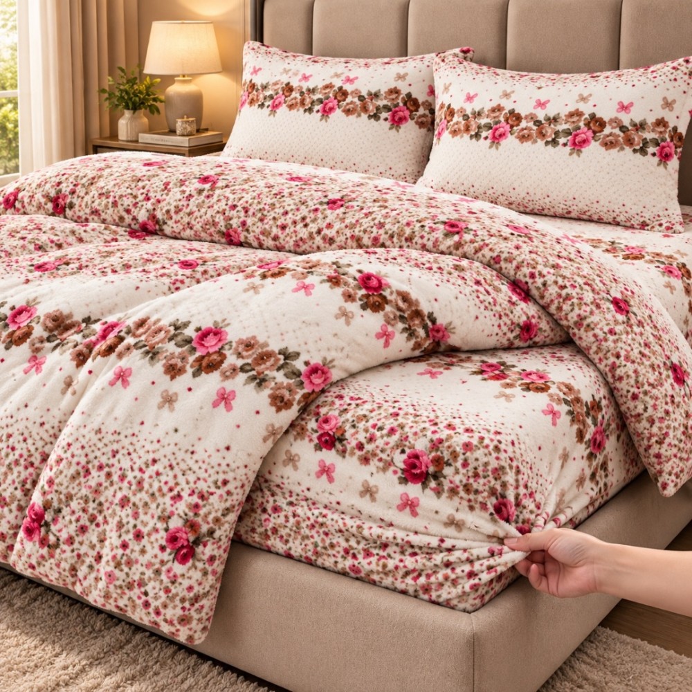Lenjerie pat dublu, Super Pufoasa COCOLINO,cu ELASTIC, 4 piese, Ivoire, Flori — imaginea 5