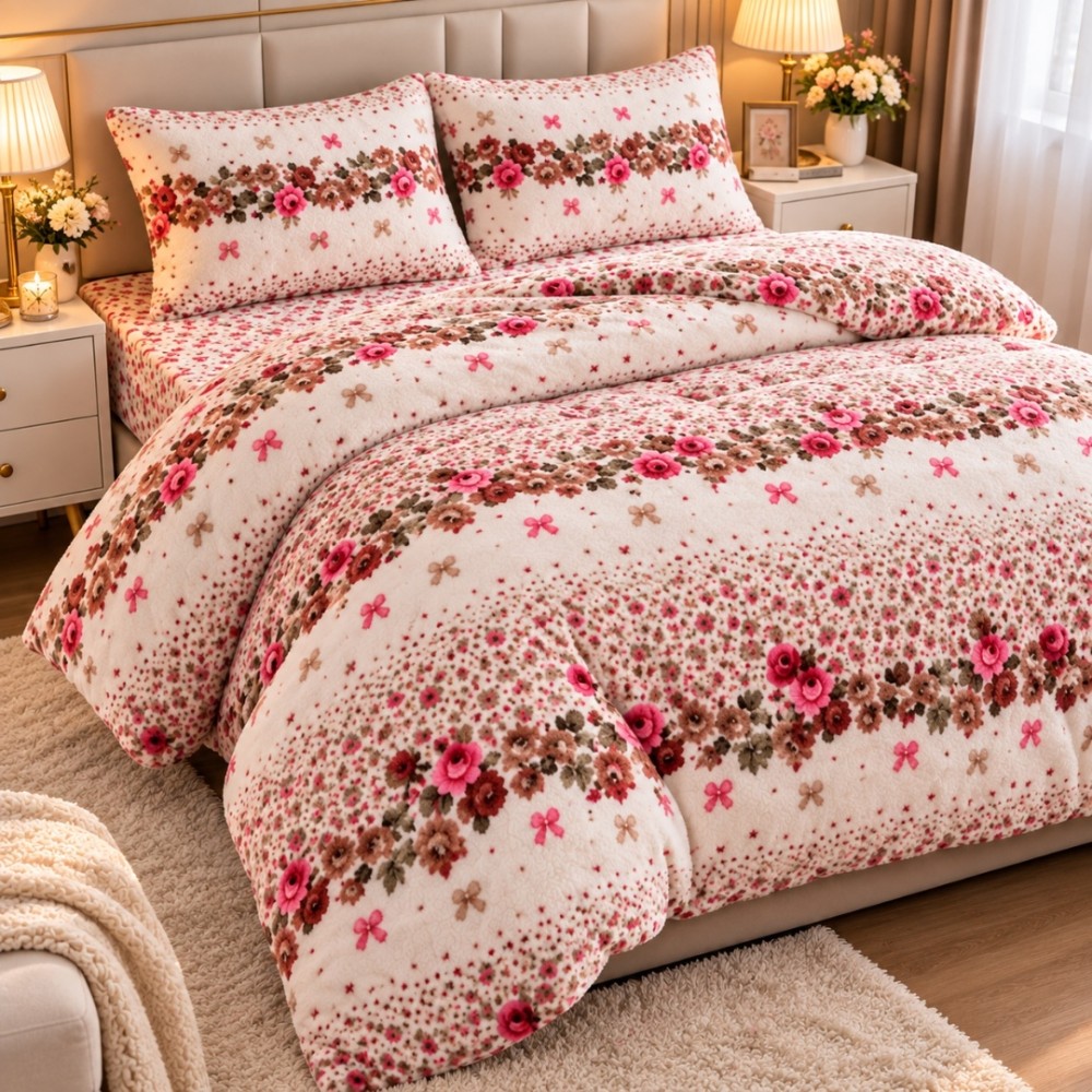 Lenjerie pat dublu, Super Pufoasa COCOLINO, 4 piese, Crem, flori — imaginea 2