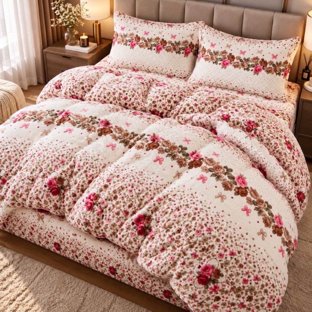 Lenjerie pat dublu, Super Pufoasa COCOLINO, 4 piese, Crem, flori — imaginea 3