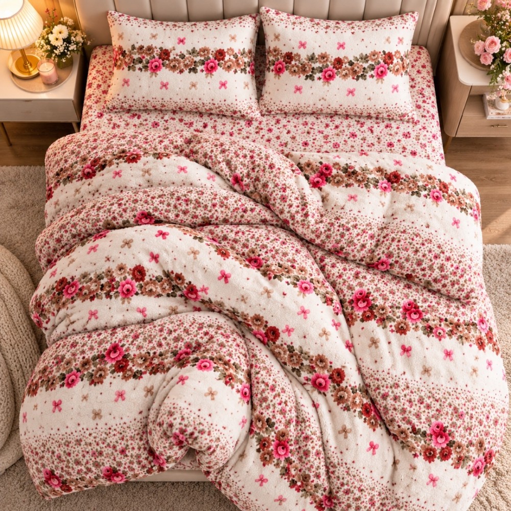 Lenjerie pat dublu, Super Pufoasa COCOLINO, 4 piese, Crem, flori — imaginea 4