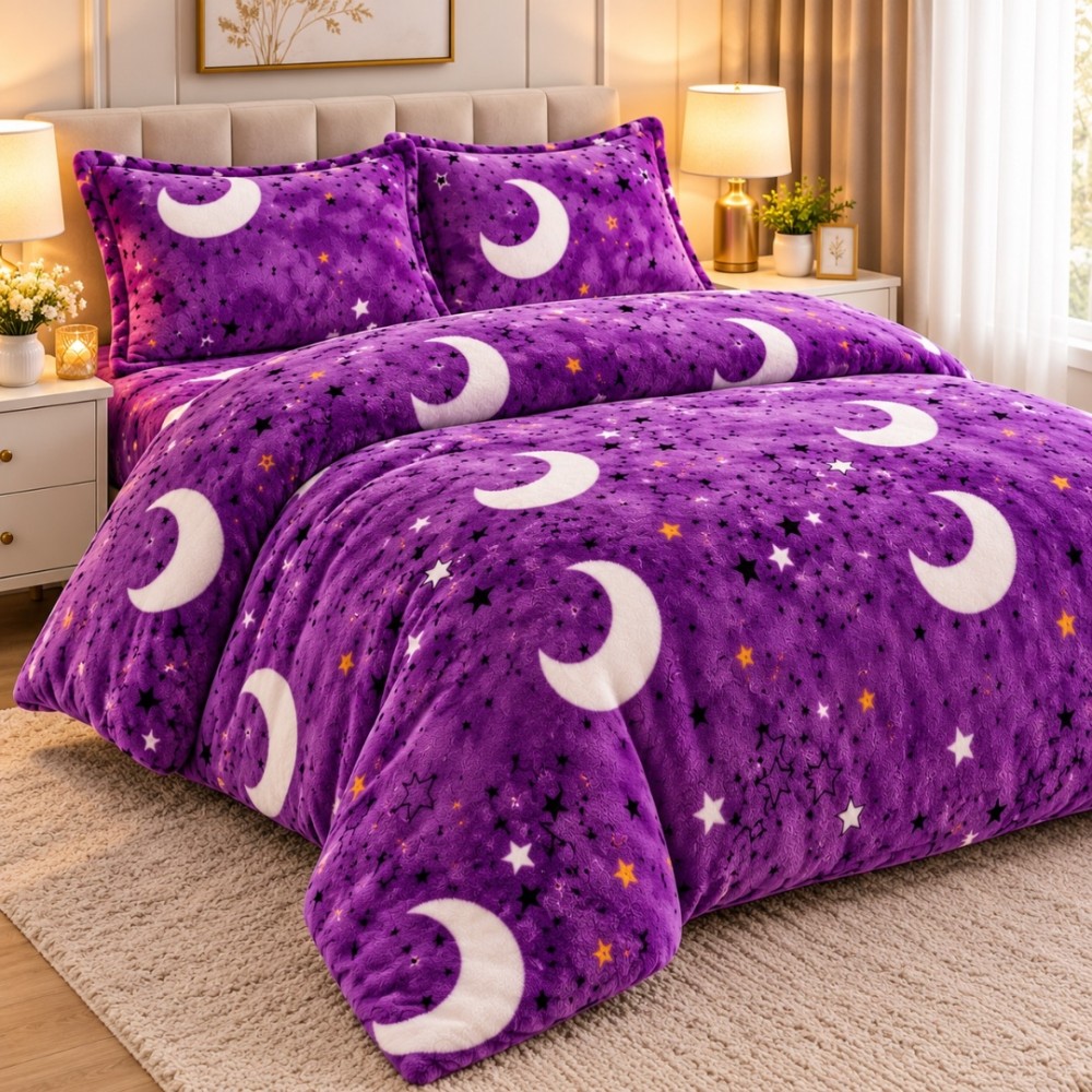 Lenjerie pat dublu, Super Pufoasa COCOLINO, 4 piese, Mov, luna si stele — imaginea 5
