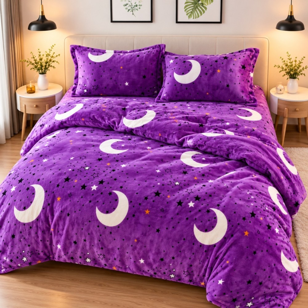 Lenjerie pat dublu, Super Pufoasa COCOLINO, 4 piese, Mov, luna si stele — imaginea 6