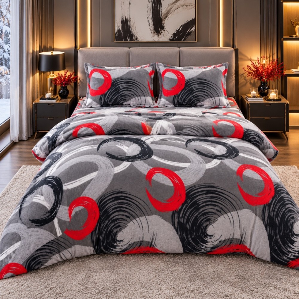 Lenjerie pat dublu, Super Pufoasa COCOLINO,cu ELASTIC, 4 piese, Gri, cercuri — imaginea 2