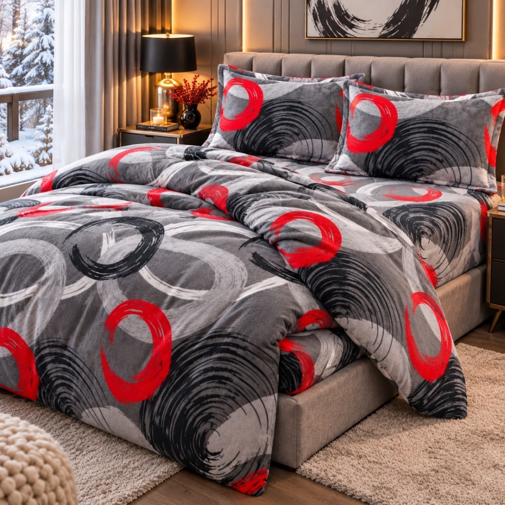 Lenjerie pat dublu, Super Pufoasa COCOLINO,cu ELASTIC, 4 piese, Gri, cercuri — imaginea 3