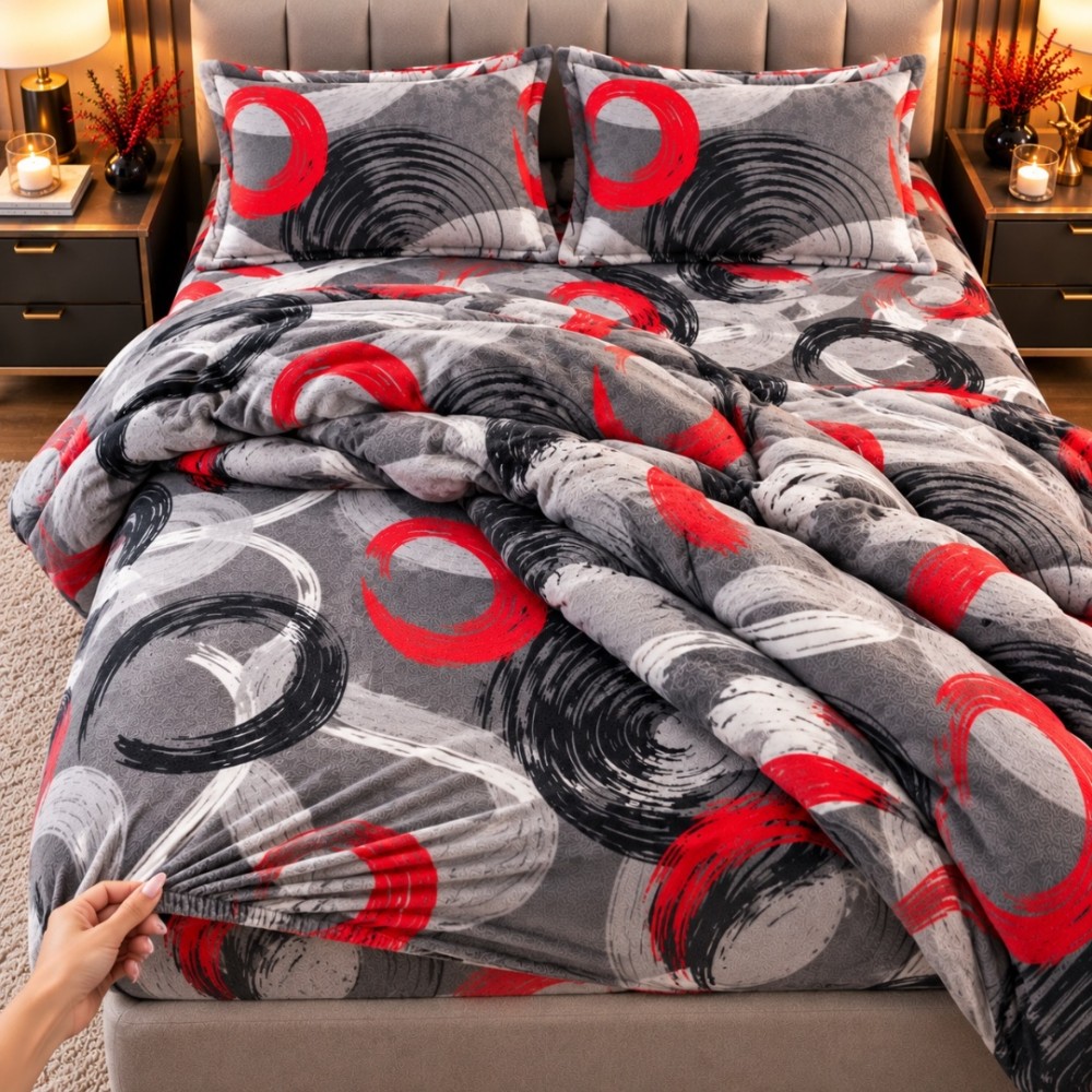 Lenjerie pat dublu, Super Pufoasa COCOLINO,cu ELASTIC, 4 piese, Gri, cercuri — imaginea 5