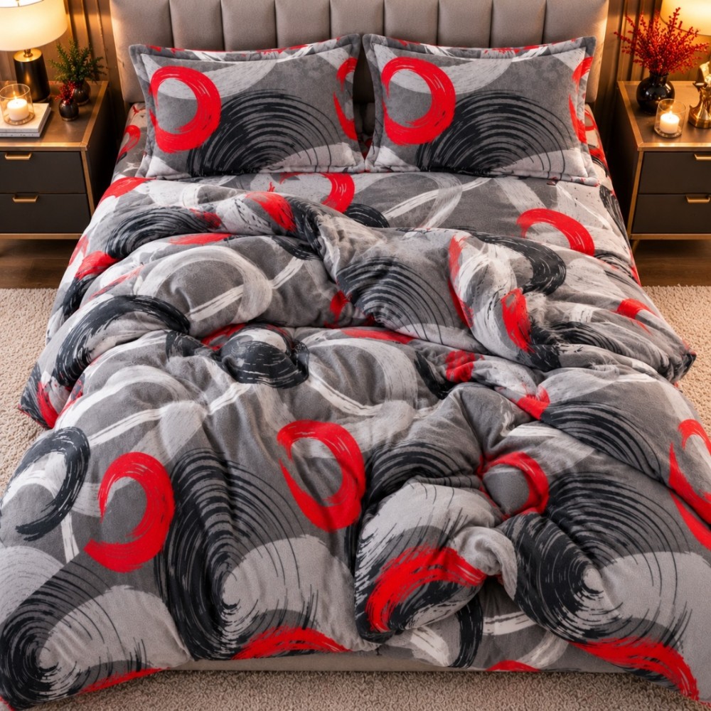 Lenjerie pat dublu, Super Pufoasa COCOLINO,cu ELASTIC, 4 piese, Gri, cercuri — imaginea 6