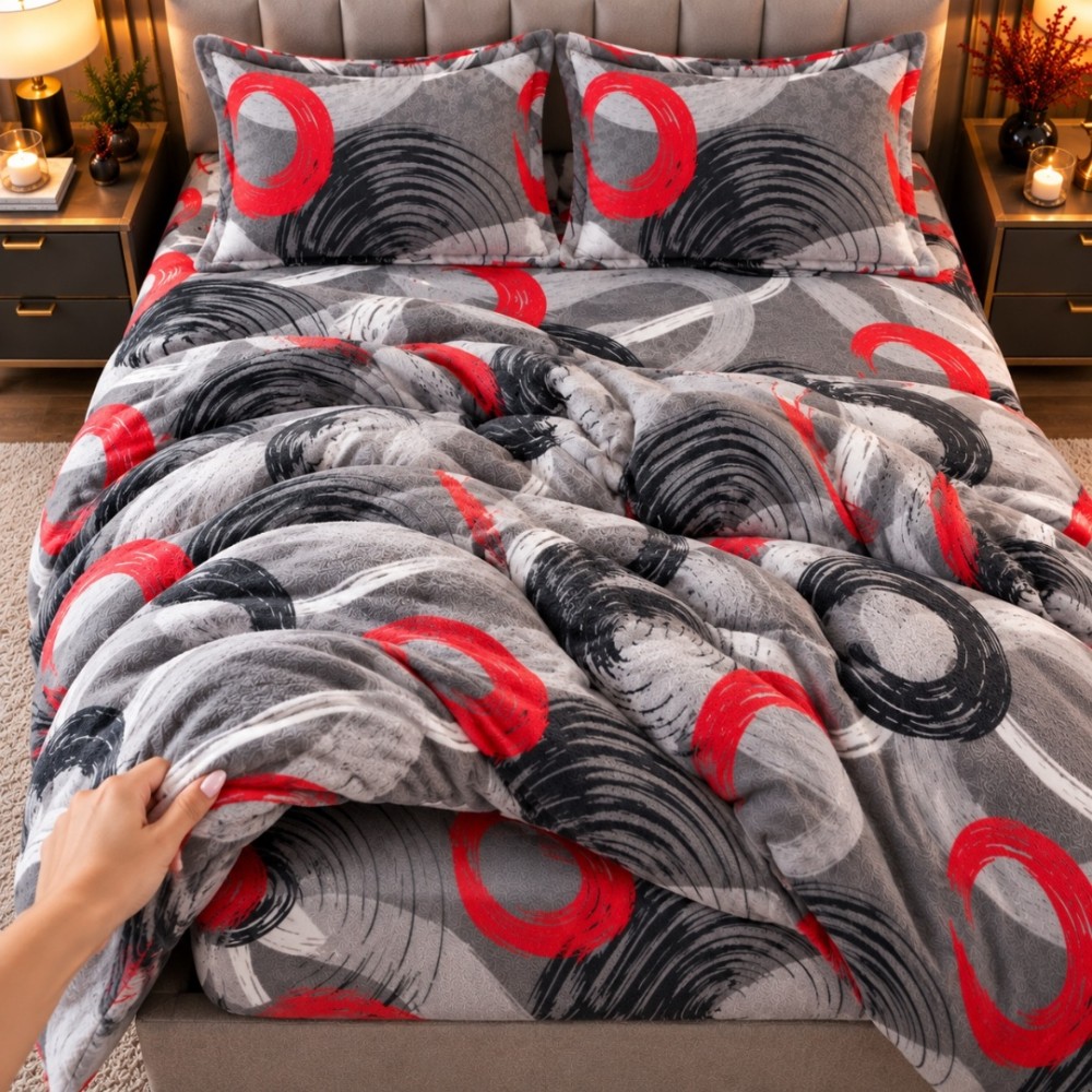 Lenjerie pat dublu, Super Pufoasa COCOLINO,cu ELASTIC, 4 piese, Gri, cercuri — imaginea 8