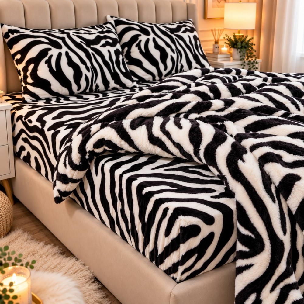 Lenjerie pat dublu, Super Pufoasa COCOLINO, 4 piese, Alb, Negru, Zebra — imaginea 4