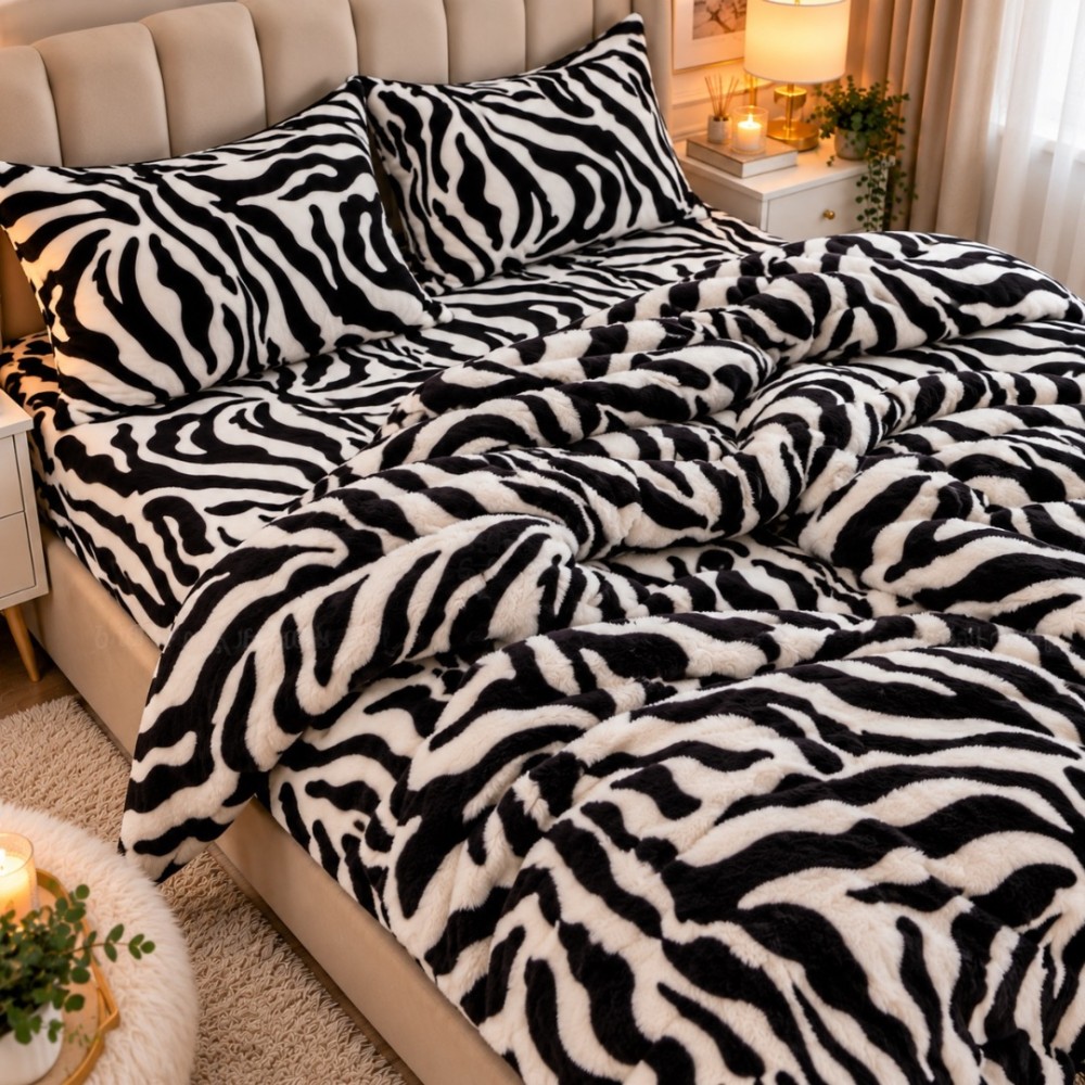 Lenjerie pat dublu, Super Pufoasa COCOLINO, 4 piese, Alb, Negru, Zebra — imaginea 5