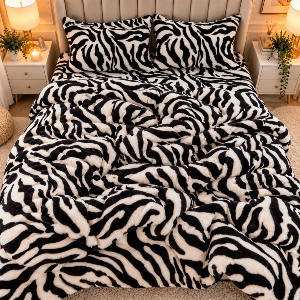 Lenjerie pat dublu, Super Pufoasa COCOLINO, 4 piese, Alb, Negru, Zebra — imaginea 6