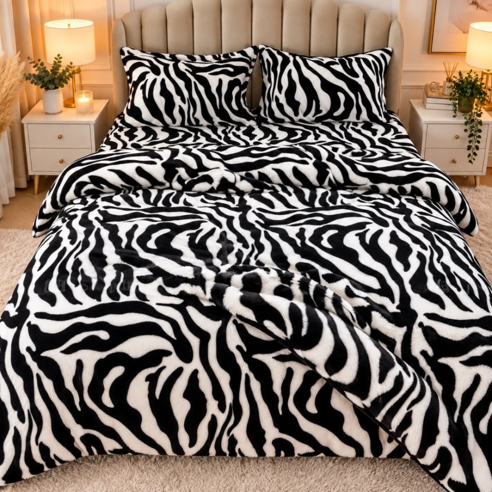 Lenjerie pat dublu, Super Pufoasa COCOLINO,cu ELASTIC, 4 piese, Alb, Negru, Zebra — imaginea 2
