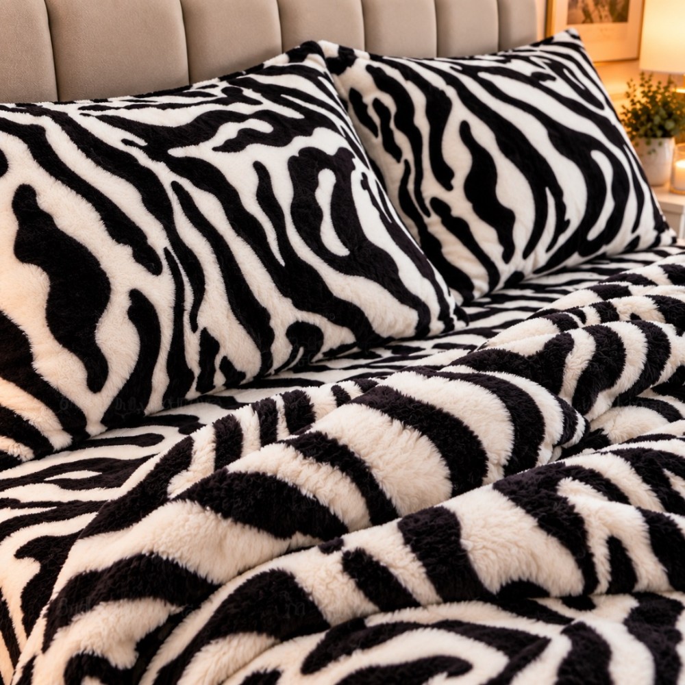 Lenjerie pat dublu, Super Pufoasa COCOLINO,cu ELASTIC, 4 piese, Alb, Negru, Zebra — imaginea 7