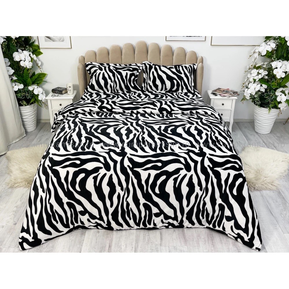 Lenjerie pat dublu, Super Pufoasa COCOLINO,cu ELASTIC, 4 piese, Alb, Negru, Zebra — imaginea 8