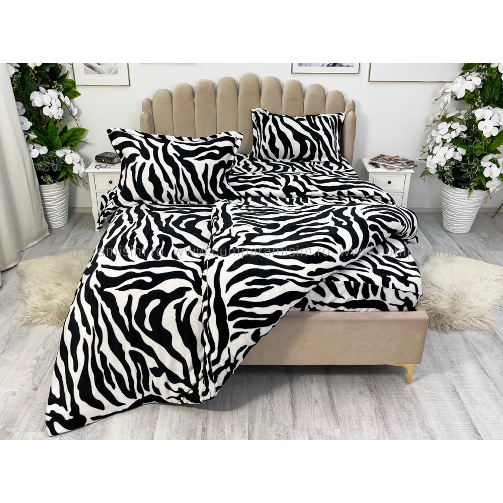 Lenjerie pat dublu, Super Pufoasa COCOLINO,cu ELASTIC, 4 piese, Alb, Negru, Zebra — imaginea 13