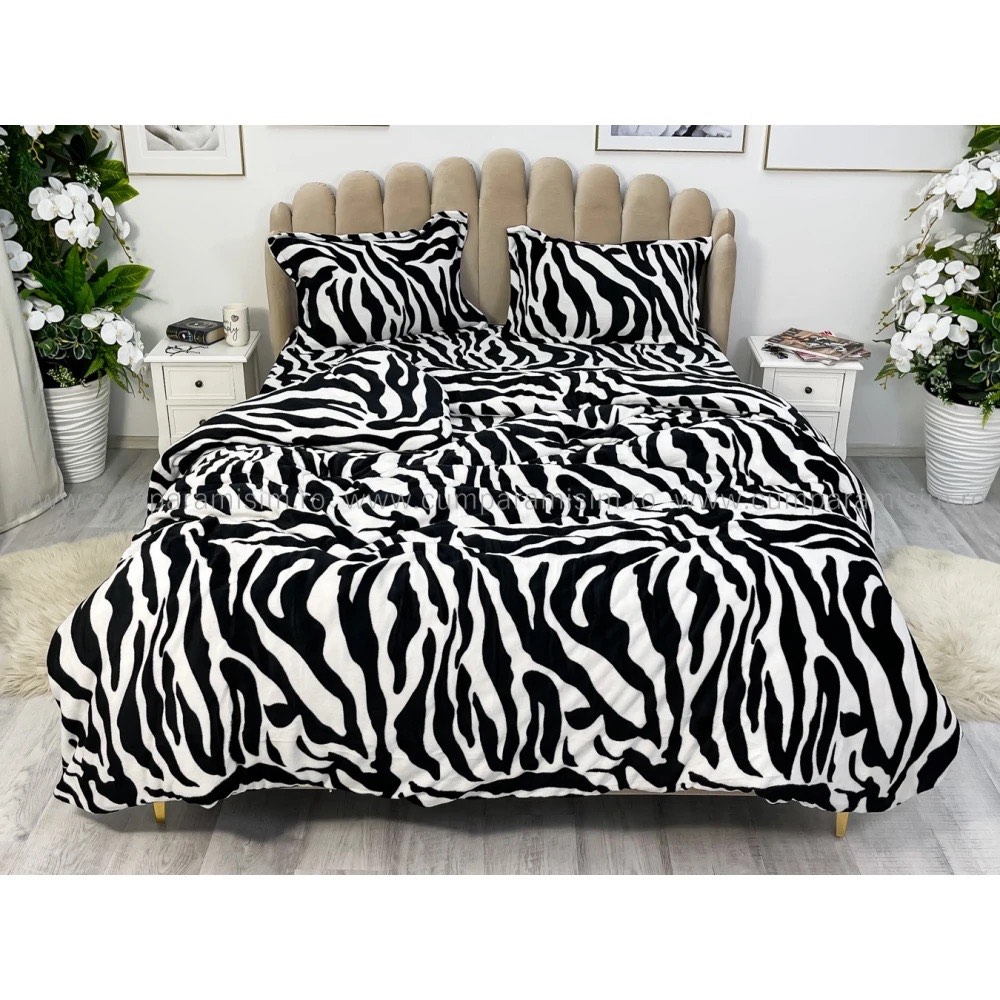 Lenjerie pat dublu, Super Pufoasa COCOLINO,cu ELASTIC, 4 piese, Alb, Negru, Zebra — imaginea 16