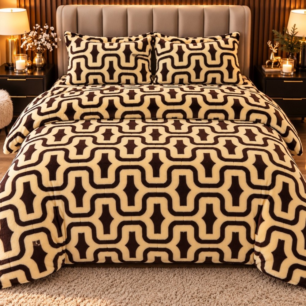 Lenjerie pat dublu, Super Pufoasa COCOLINO,cu ELASTIC, 4 piese, Bej, model clasic — imaginea 2