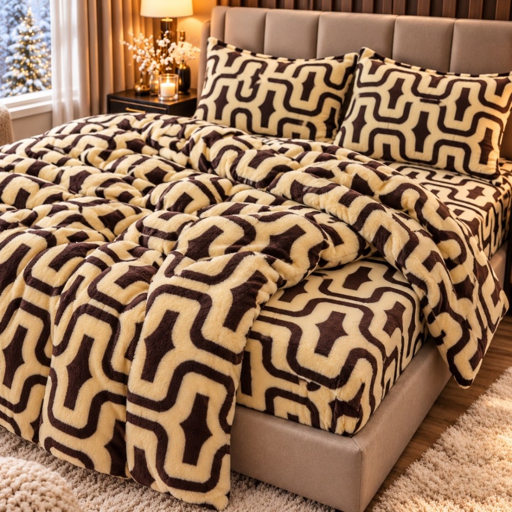Lenjerie pat dublu, Super Pufoasa COCOLINO,cu ELASTIC, 4 piese, Bej, model clasic — imaginea 8