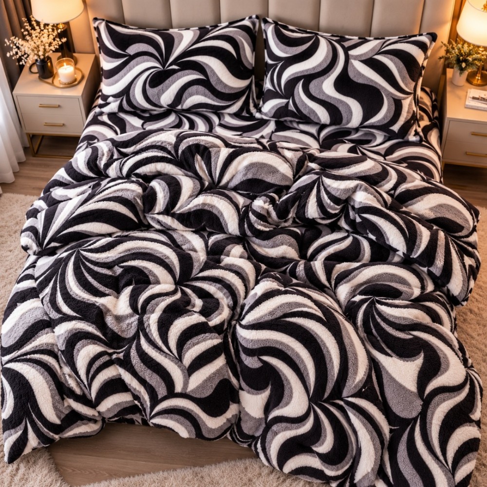 Lenjerie pat dublu, Super Pufoasa COCOLINO,cu ELASTIC, 4 piese, Gri-Negru, model abstract — imaginea 2