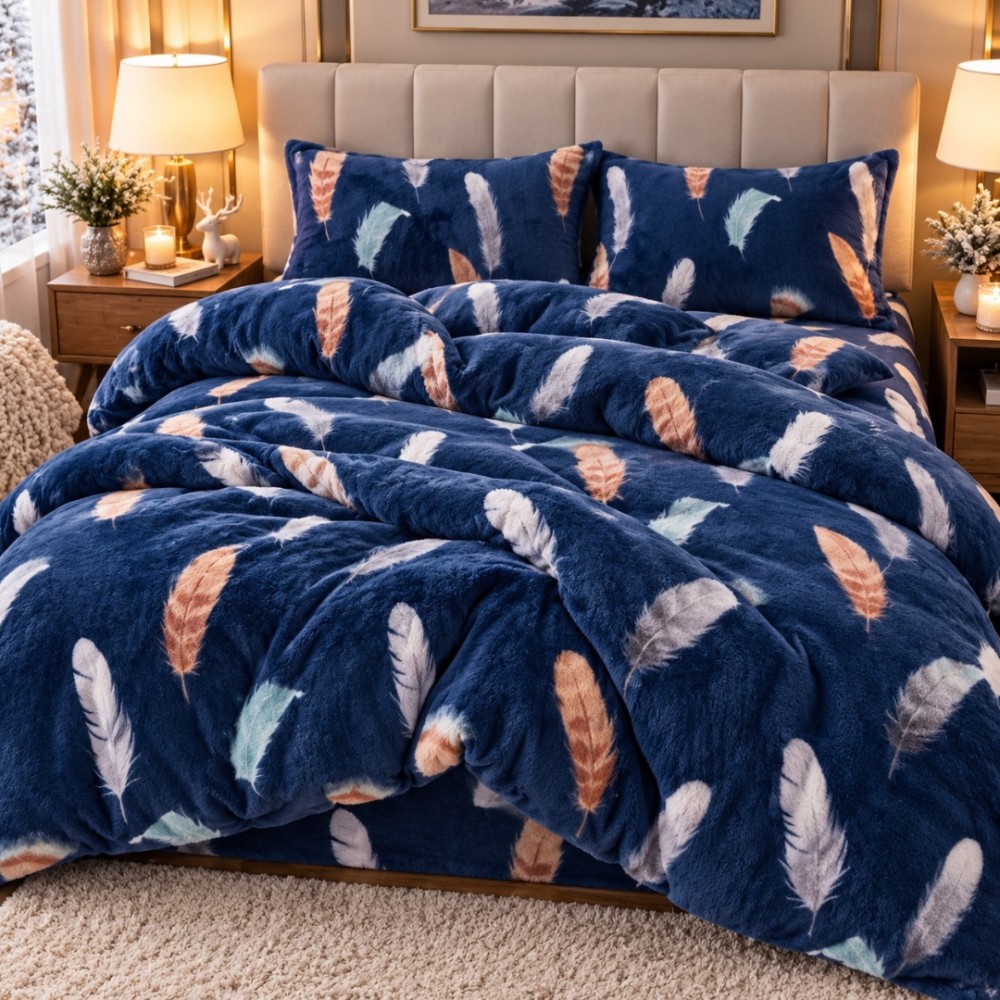 Lenjerie pat dublu, Super Pufoasa COCOLINO, 4 piese, Albastru, pene — imaginea 2