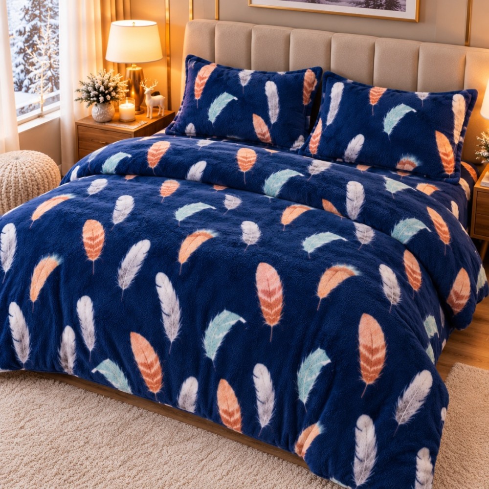 Lenjerie pat dublu, Super Pufoasa COCOLINO, 4 piese, Albastru, pene — imaginea 4