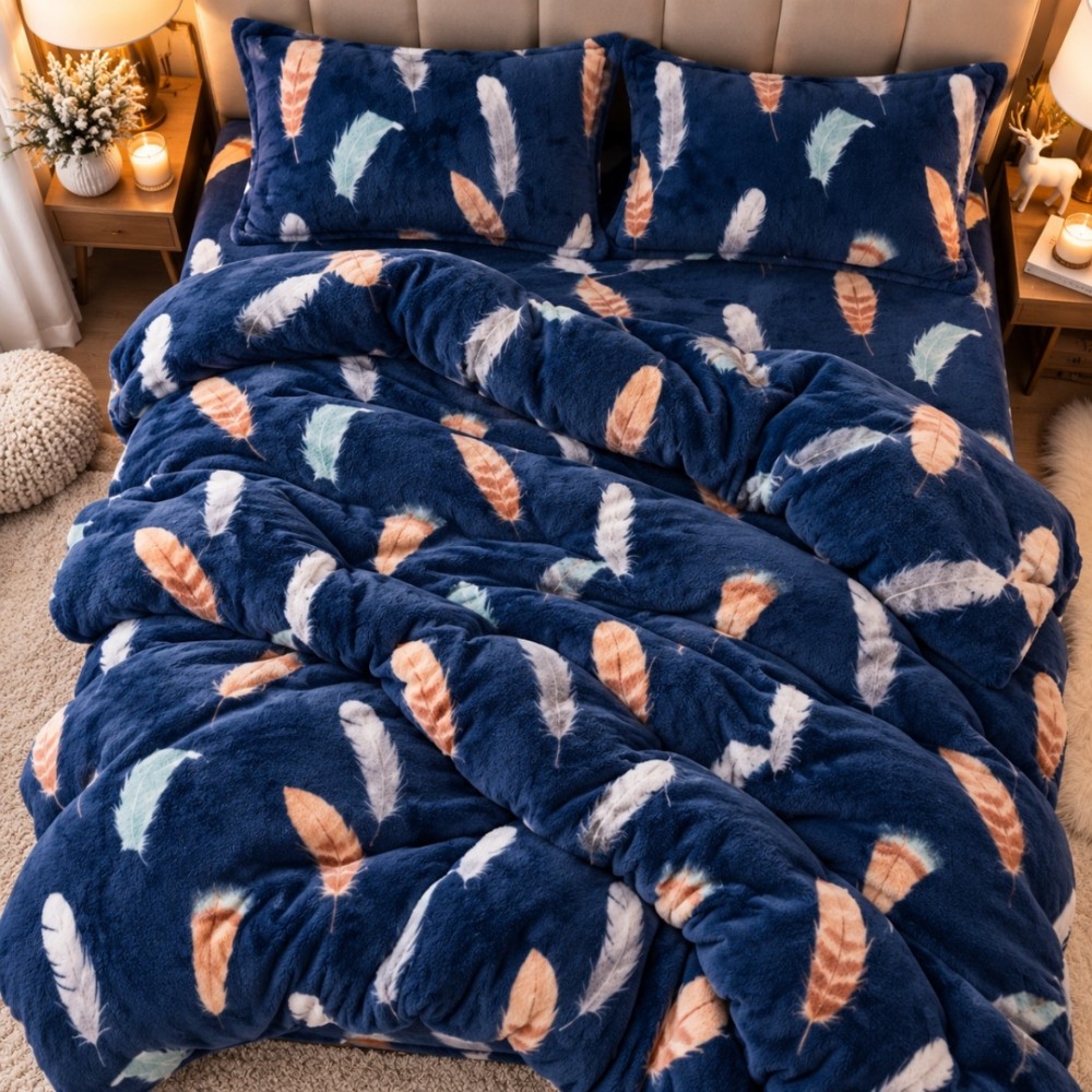 Lenjerie pat dublu, Super Pufoasa COCOLINO, 4 piese, Albastru, pene — imaginea 6