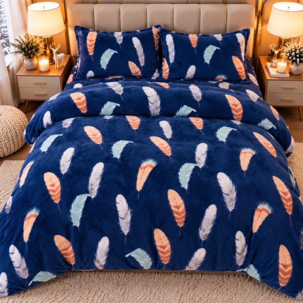 Lenjerie pat dublu, Super Pufoasa COCOLINO, 4 piese, Albastru, pene — imaginea 7