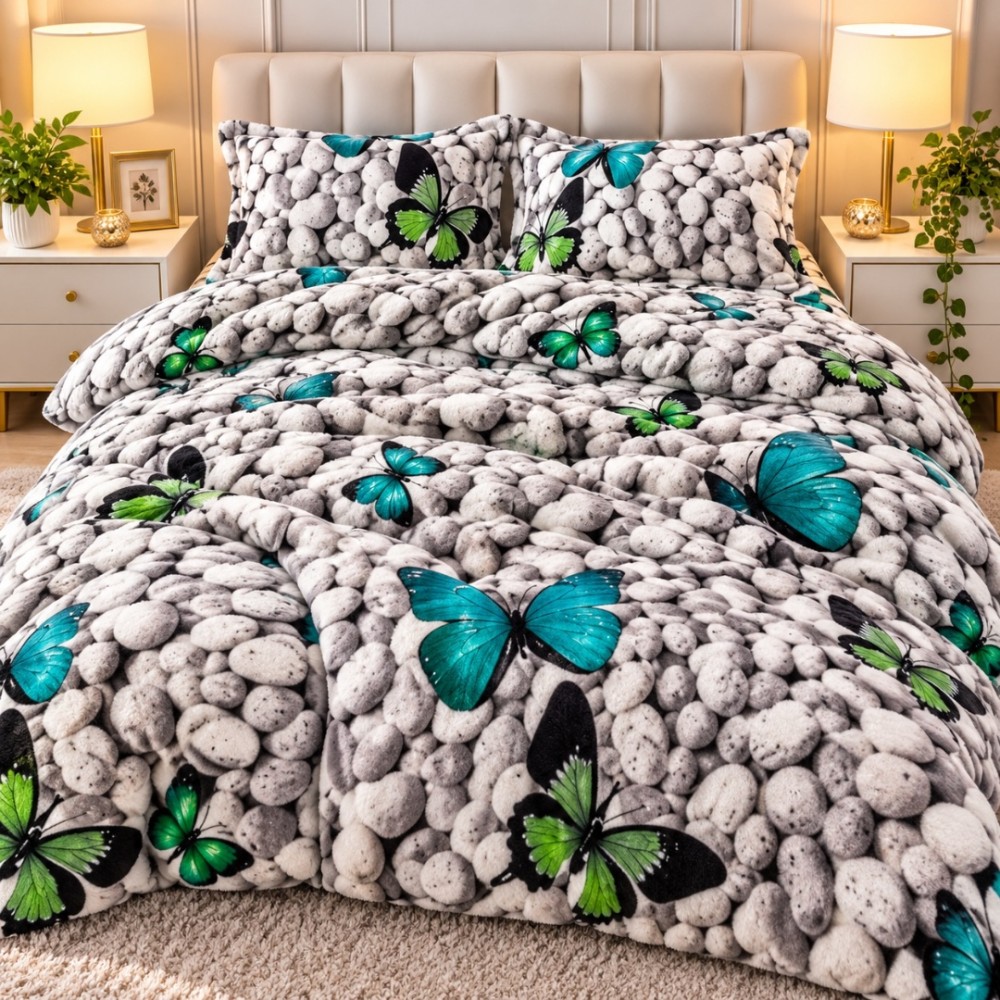Lenjerie pat dublu, Super Pufoasa COCOLINO, 4 piese, Gri, Fluturi pe Pietre — imaginea 2