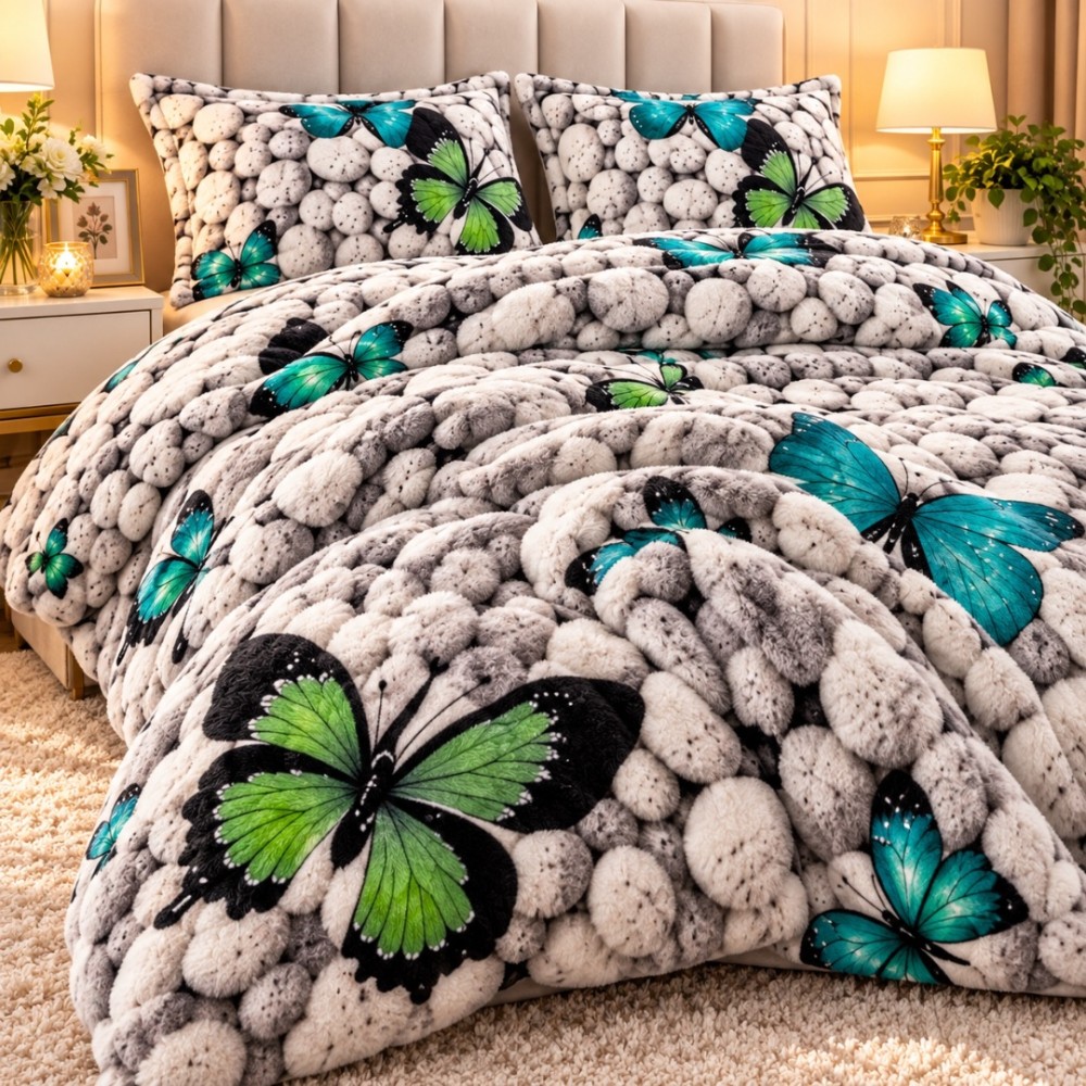 Lenjerie pat dublu, Super Pufoasa COCOLINO, 4 piese, Gri, Fluturi pe Pietre — imaginea 5