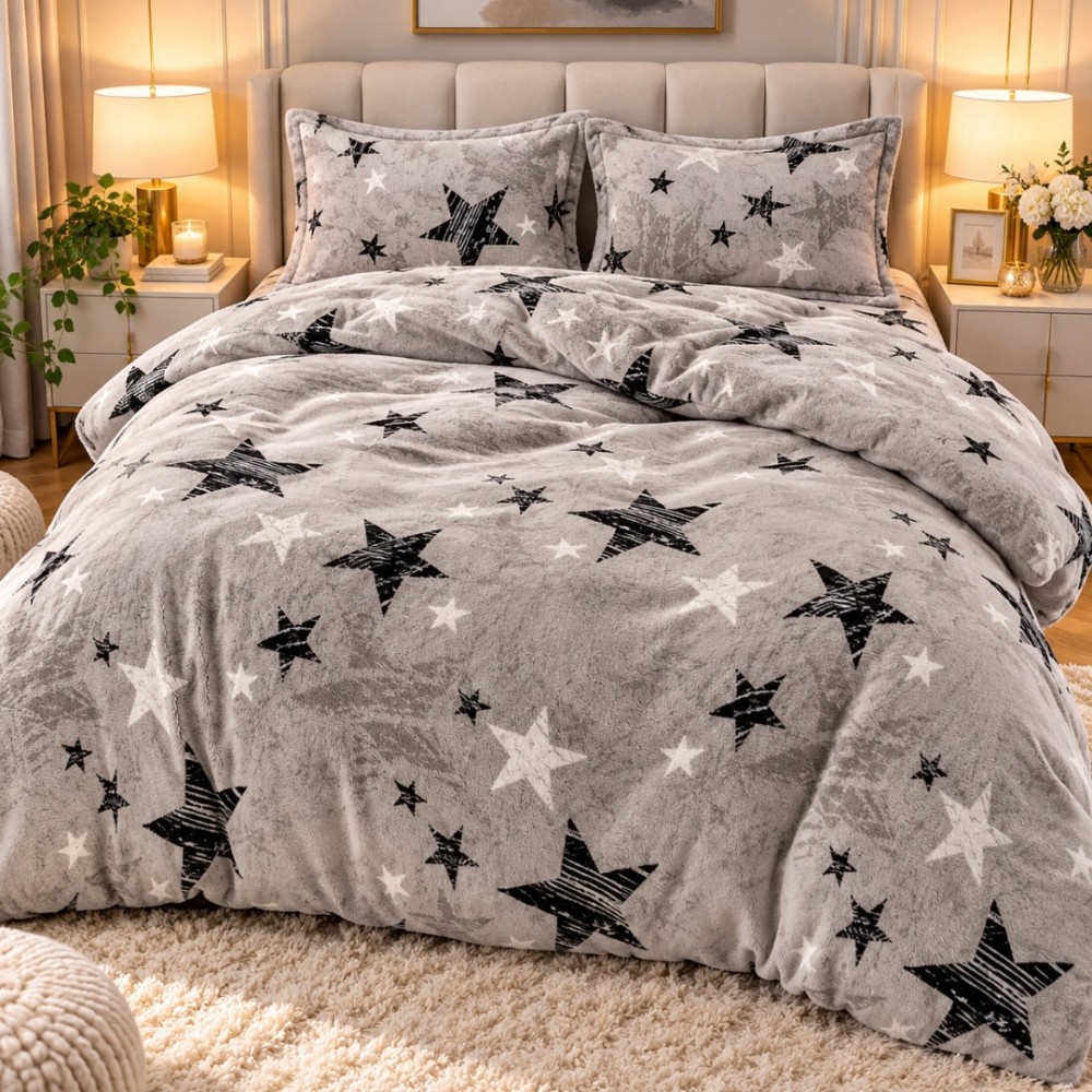 Lenjerie pat dublu, Super Pufoasa COCOLINO, 4 piese, Gri, Stelute – imagine 2