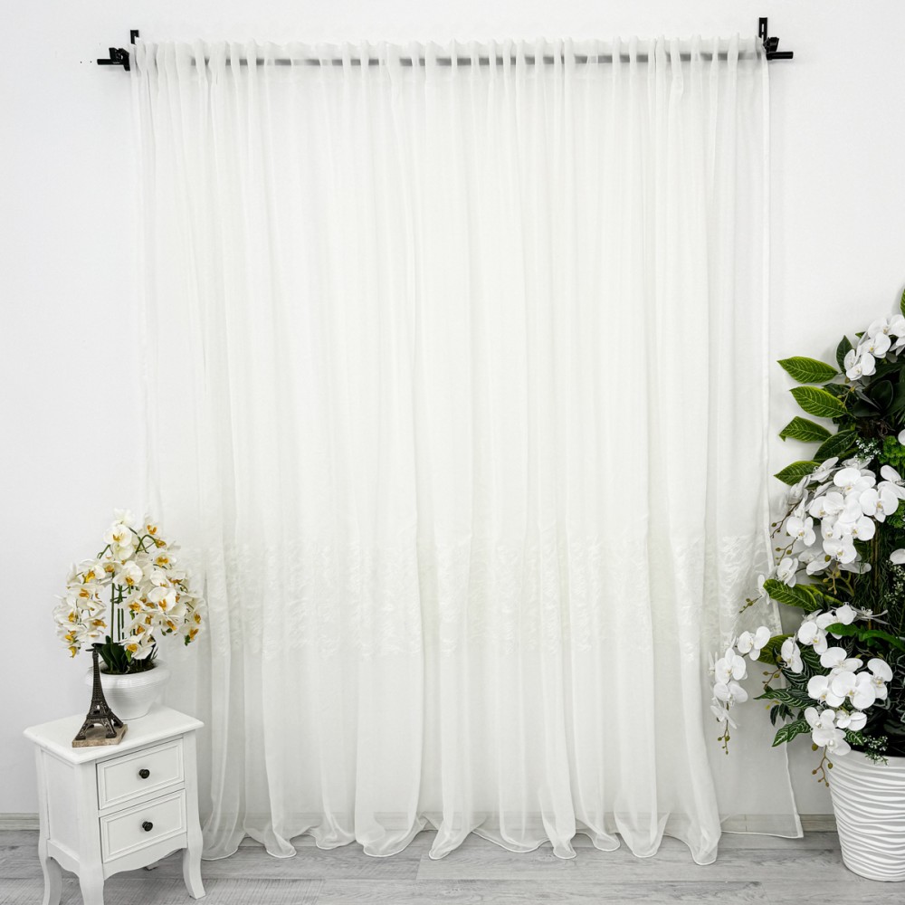 Perdea Evelyn din Voal Brodat, 600cm latime x 242cm inaltime, cu rejansa pentru SINA, model cu frunze, Ivoire – imagine 6