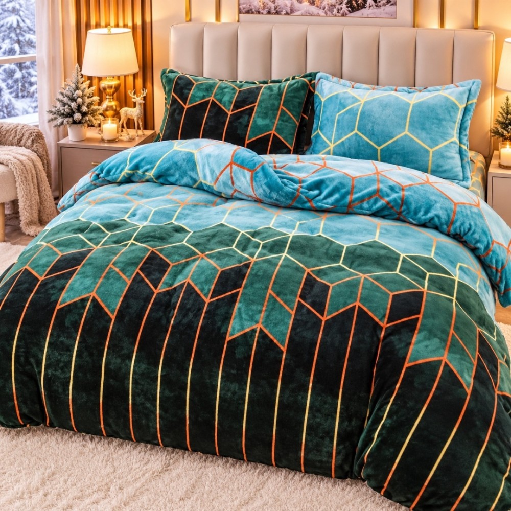 Lenjerie pat dublu, Super Pufoasa COCOLINO, 4 piese, Verde, Forme Geometrice — imaginea 2