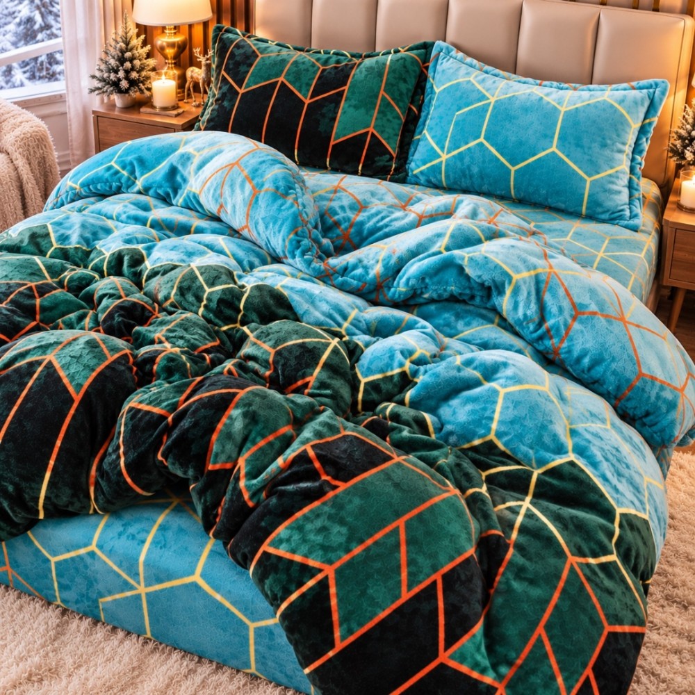 Lenjerie pat dublu, Super Pufoasa COCOLINO, 4 piese, Verde, Forme Geometrice — imaginea 3