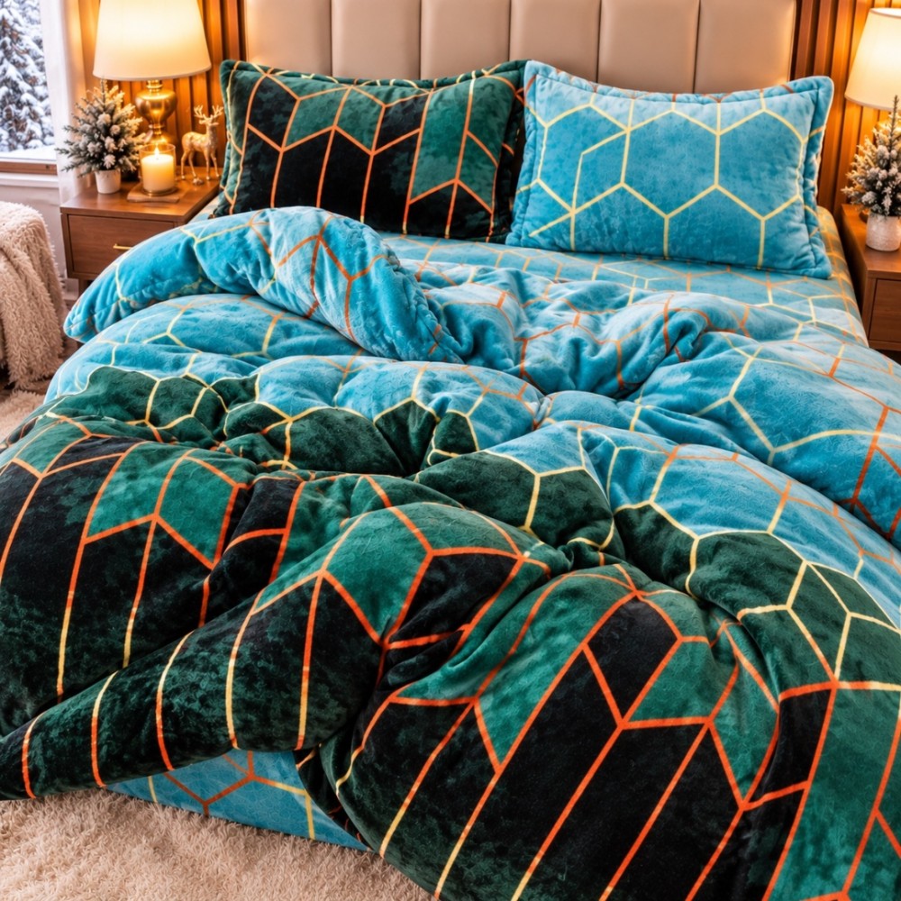 Lenjerie pat dublu, Super Pufoasa COCOLINO, 4 piese, Verde, Forme Geometrice — imaginea 4