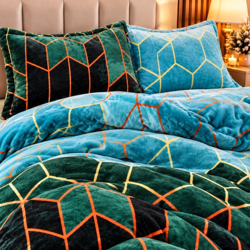 Lenjerie pat dublu, Super Pufoasa COCOLINO, 4 piese, Verde, Forme Geometrice — imaginea 5