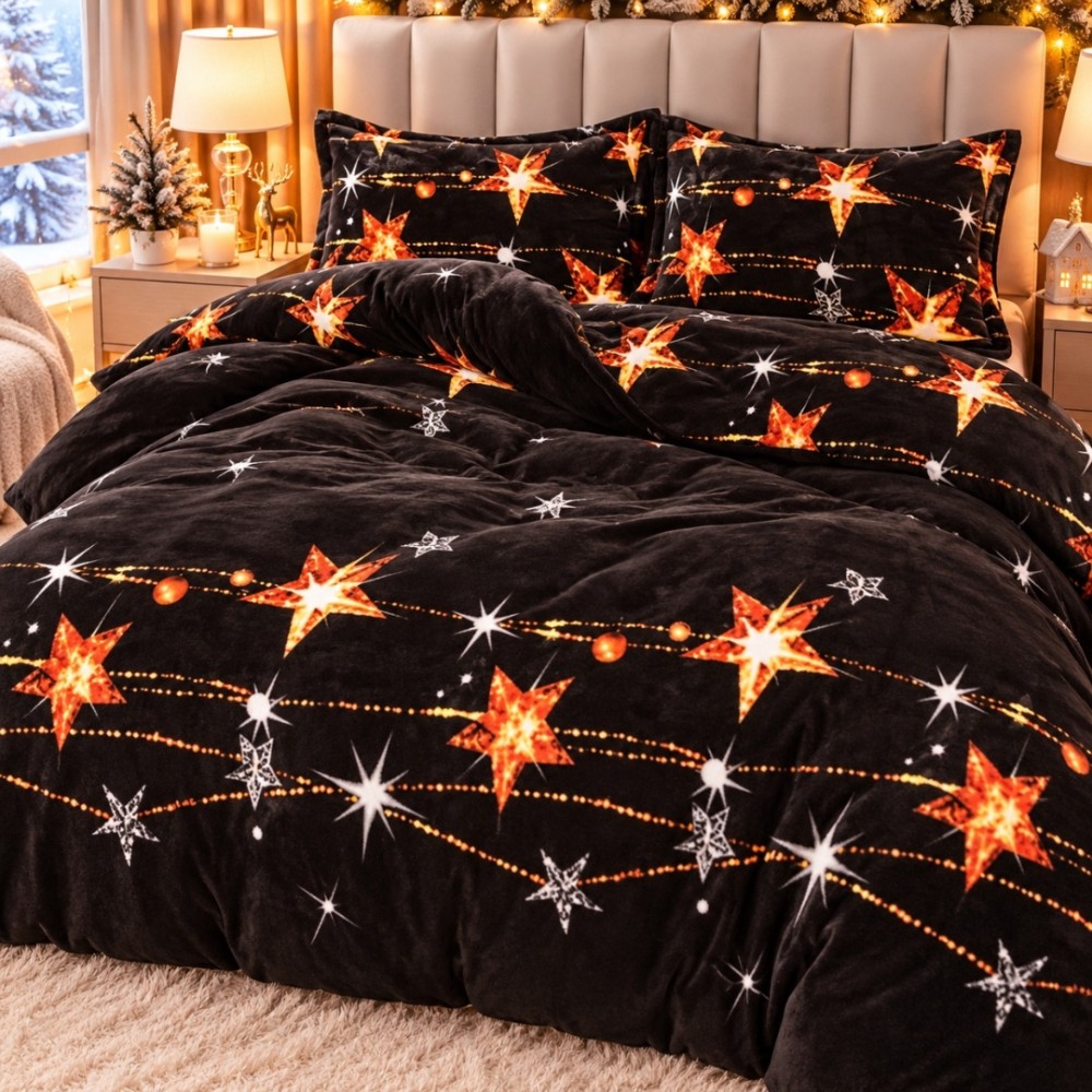 Lenjerie pat dublu, Super Pufoasa COCOLINO, 4 piese, Negru, Stelute — imaginea 2