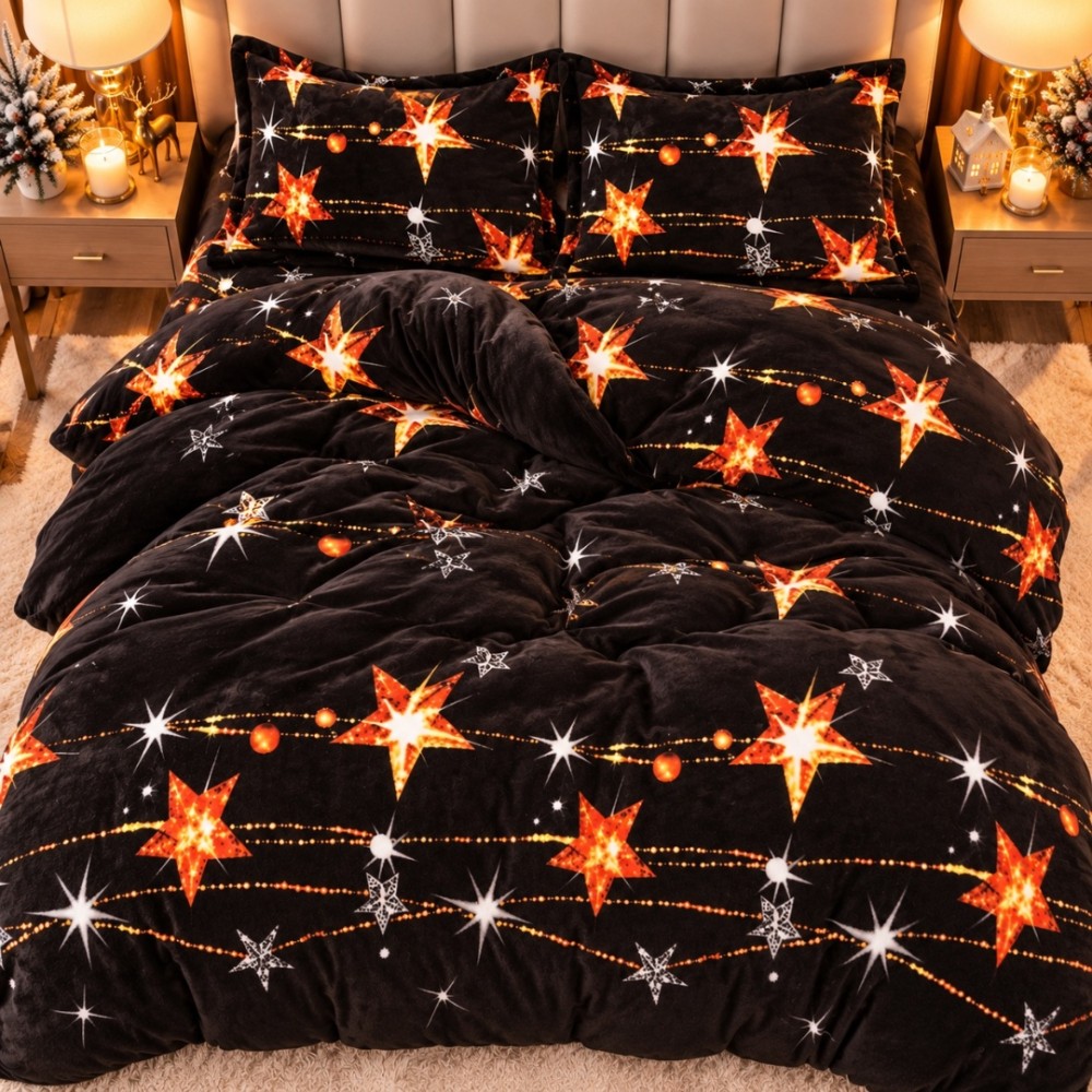 Lenjerie pat dublu, Super Pufoasa COCOLINO, 4 piese, Negru, Stelute — imaginea 4