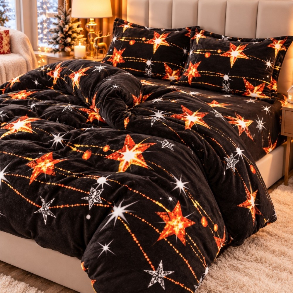 Lenjerie pat dublu, Super Pufoasa COCOLINO, 4 piese, Negru, Stelute — imaginea 6
