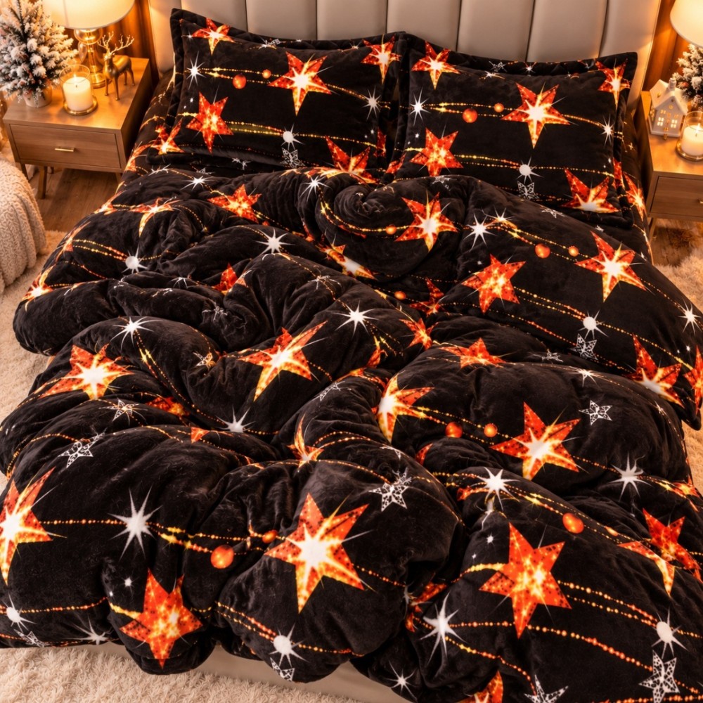 Lenjerie pat dublu, Super Pufoasa COCOLINO, 4 piese, Negru, Stelute — imaginea 7