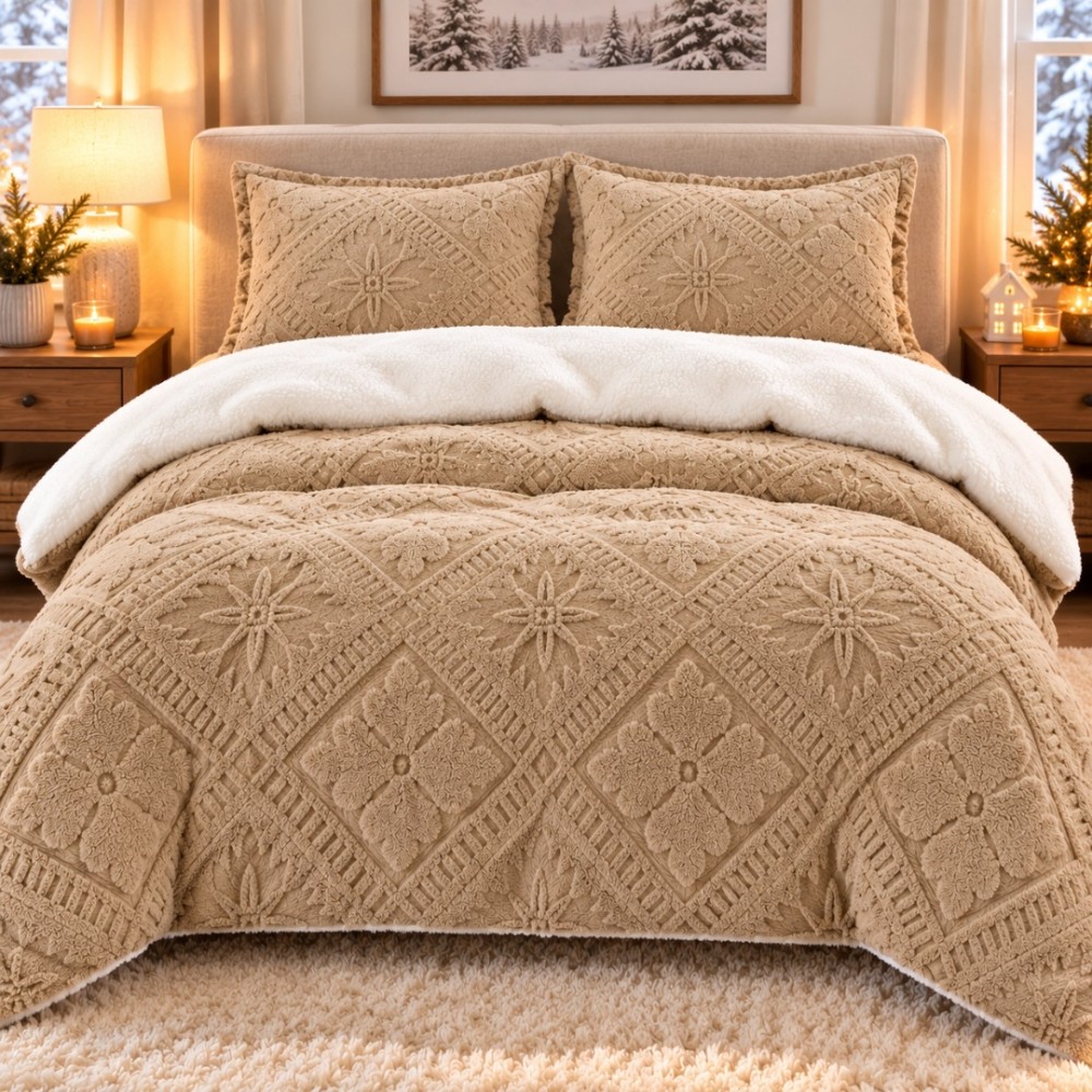 Lenjerie de Pat Dublu, CoCoLiNo Ultra Pufoasa, cu Blanita Sherpa Alba, 4 piese, Cearsaf cu ELASTIC, Model Traditional 3D, Bej nisipiu — imaginea 2