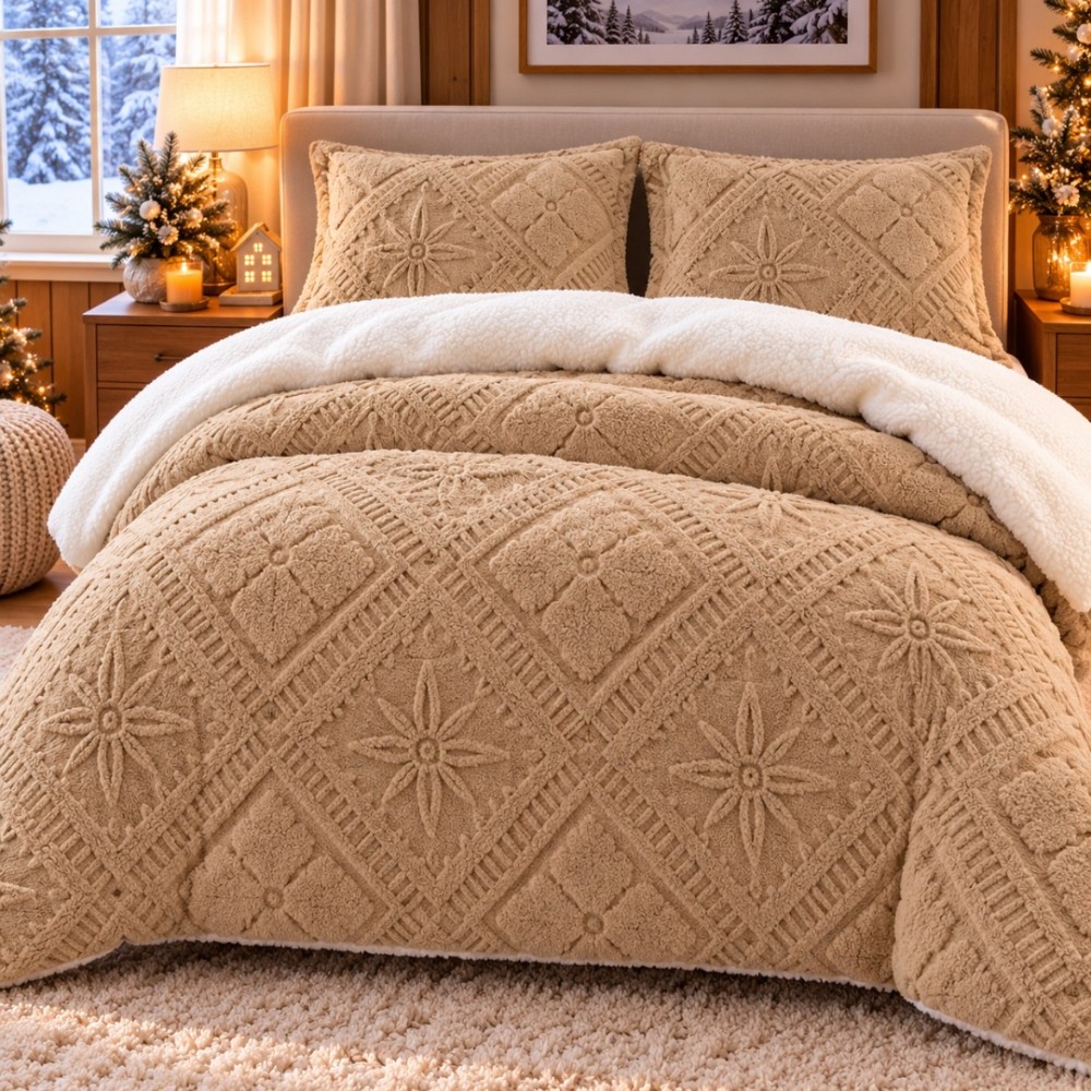 Lenjerie de Pat Dublu, CoCoLiNo Ultra Pufoasa, cu Blanita Sherpa Alba, 4 piese, Cearsaf cu ELASTIC, Model Traditional 3D, Bej nisipiu — imaginea 3