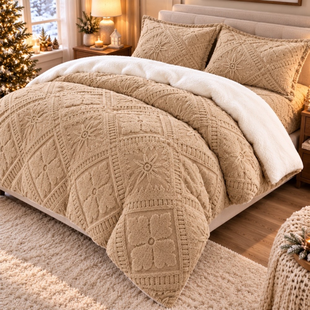 Lenjerie de Pat Dublu, CoCoLiNo Ultra Pufoasa, cu Blanita Sherpa Alba, 4 piese, Cearsaf cu ELASTIC, Model Traditional 3D, Bej nisipiu — imaginea 4