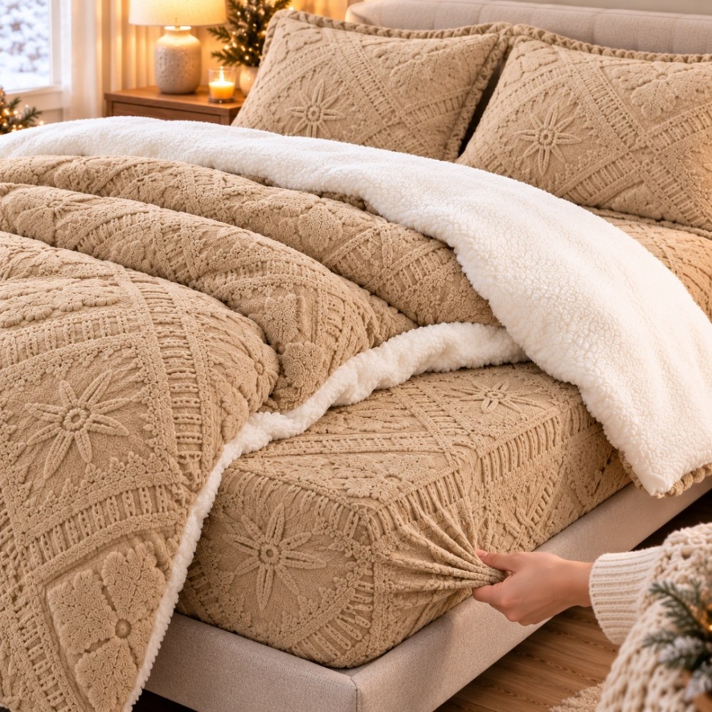 Lenjerie de Pat Dublu, CoCoLiNo Ultra Pufoasa, cu Blanita Sherpa Alba, 4 piese, Cearsaf cu ELASTIC, Model Traditional 3D, Bej nisipiu — imaginea 5