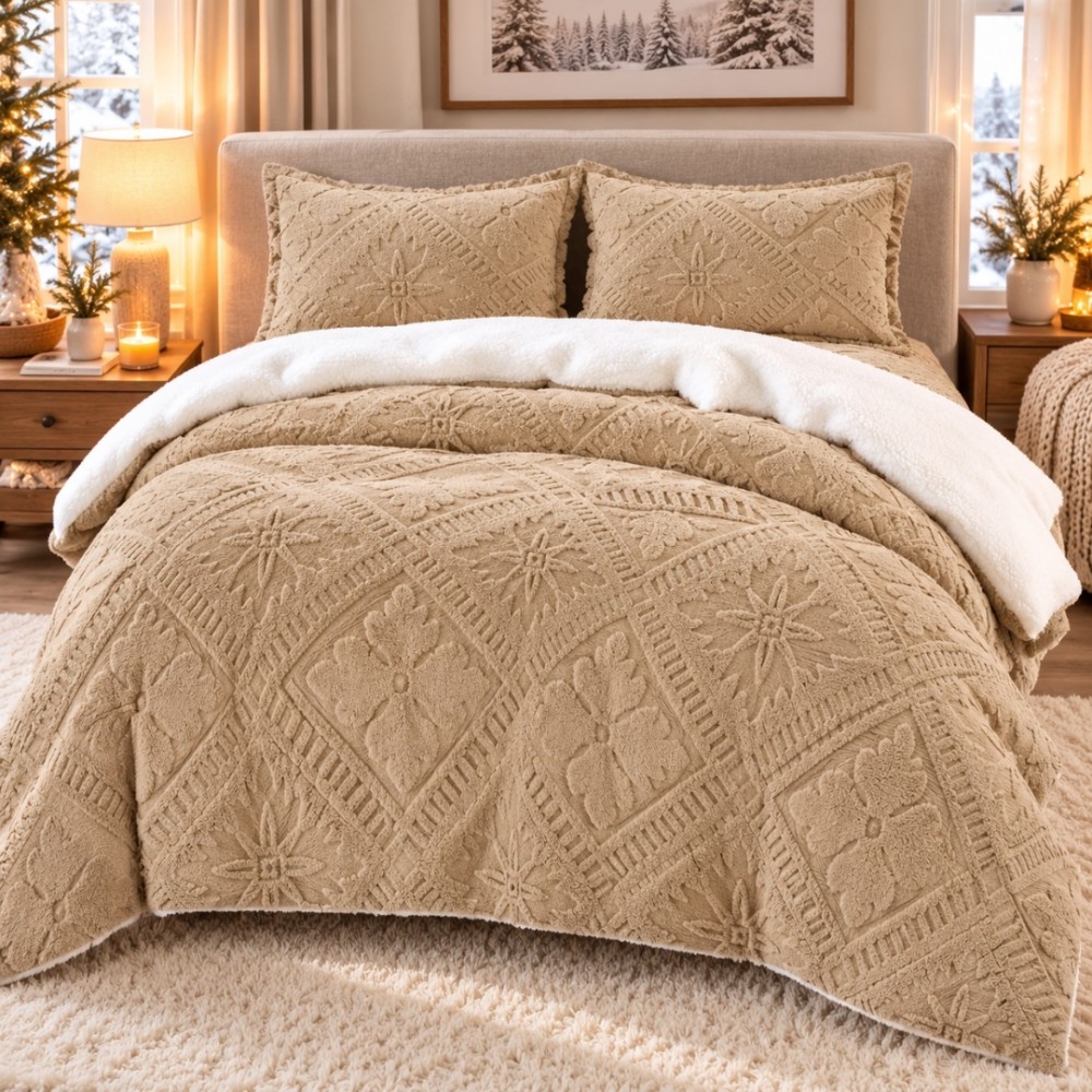 Lenjerie de Pat Dublu, CoCoLiNo Ultra Pufoasa, cu Blanita Sherpa Alba, 4 piese, Cearsaf cu ELASTIC, Model Traditional 3D, Bej nisipiu — imaginea 6