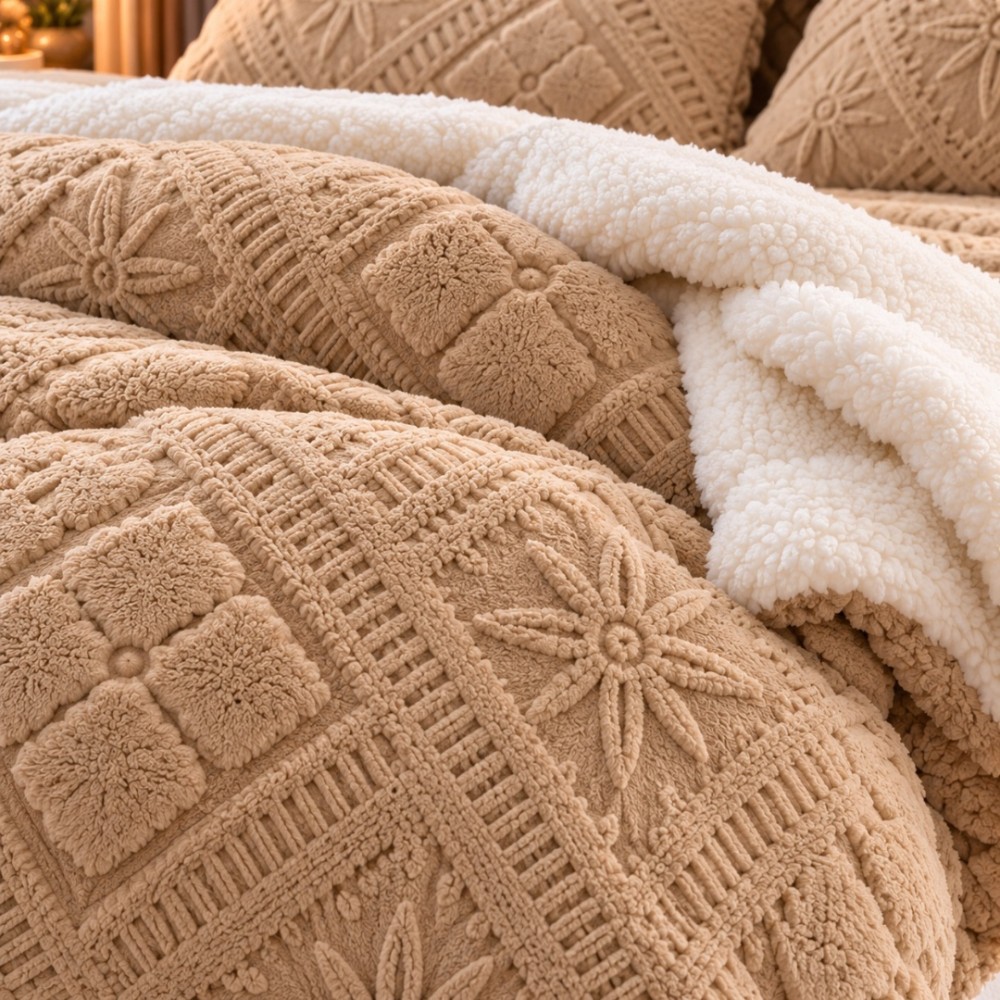 Lenjerie de Pat Dublu, CoCoLiNo Ultra Pufoasa, cu Blanita Sherpa Alba, 4 piese, Cearsaf cu ELASTIC, Model Traditional 3D, Bej nisipiu — imaginea 7