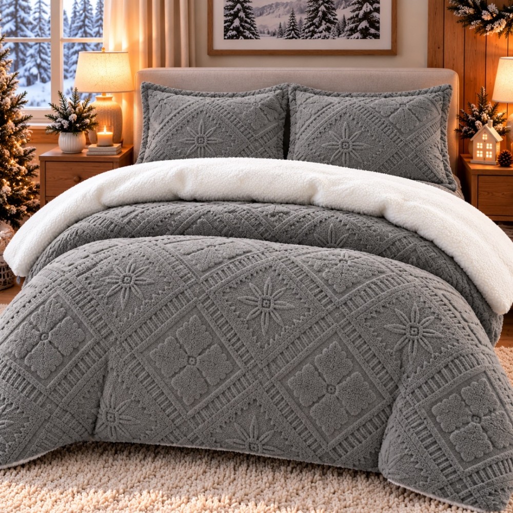 Lenjerie de Pat Dublu, CoCoLiNo Ultra Pufoasa, cu Blanita Sherpa Alba, 4 piese, Cearsaf cu ELASTIC, Model Traditional 3D, Gri inchis — imaginea 2