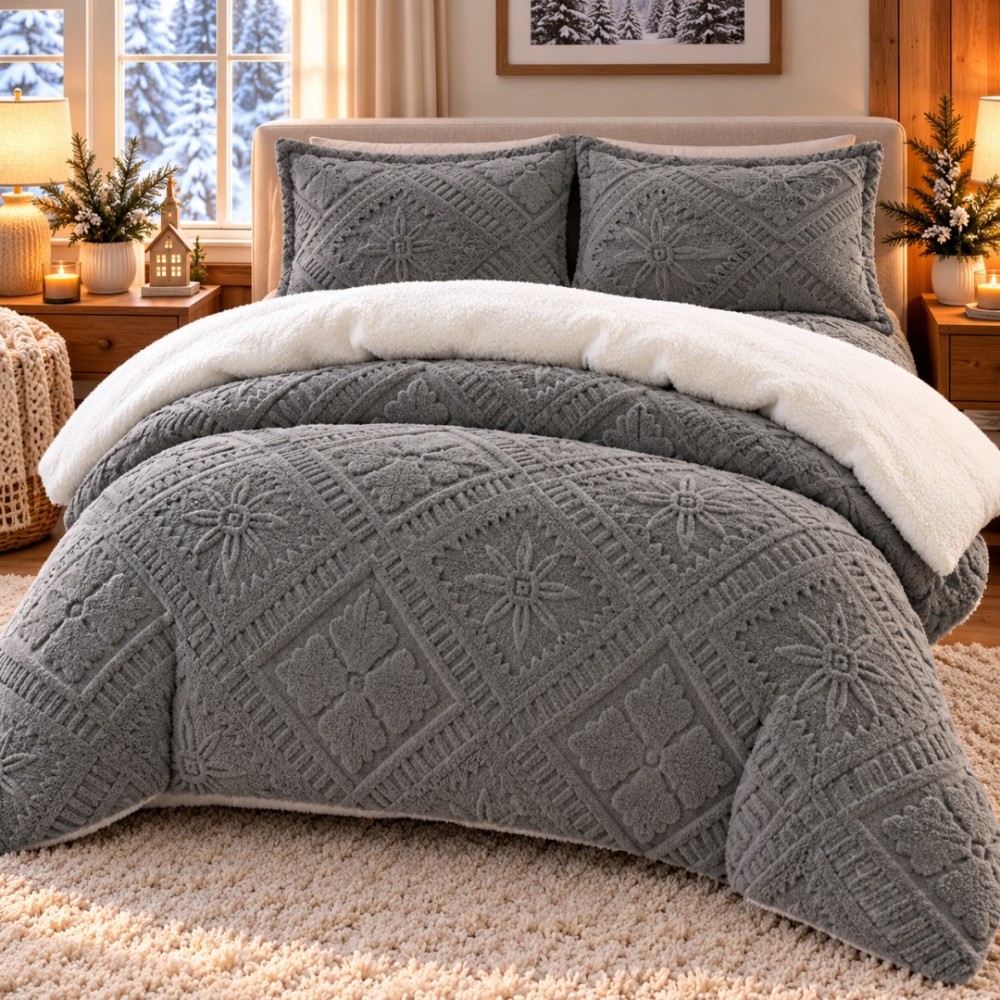 Lenjerie de Pat Dublu, CoCoLiNo Ultra Pufoasa, cu Blanita Sherpa Alba, 4 piese, Cearsaf cu ELASTIC, Model Traditional 3D, Gri inchis — imaginea 3