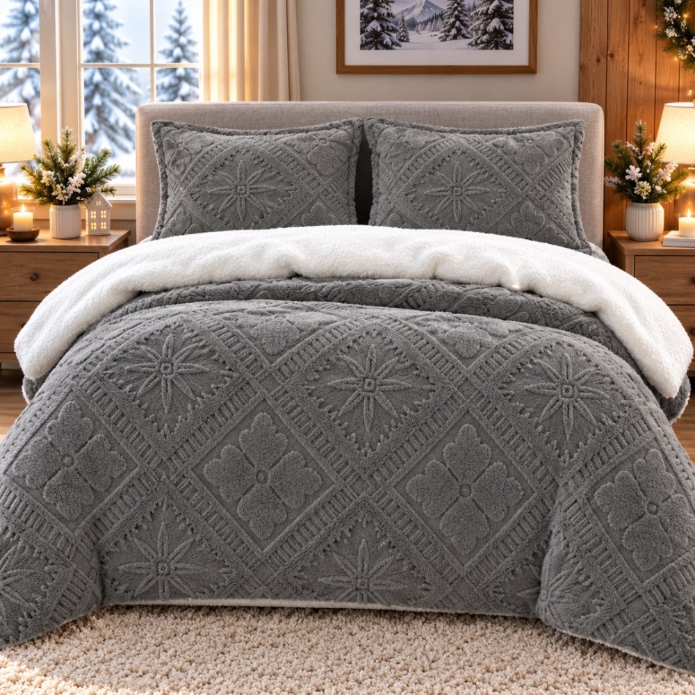 Lenjerie de Pat Dublu, CoCoLiNo Ultra Pufoasa, cu Blanita Sherpa Alba, 4 piese, Cearsaf cu ELASTIC, Model Traditional 3D, Gri inchis — imaginea 4