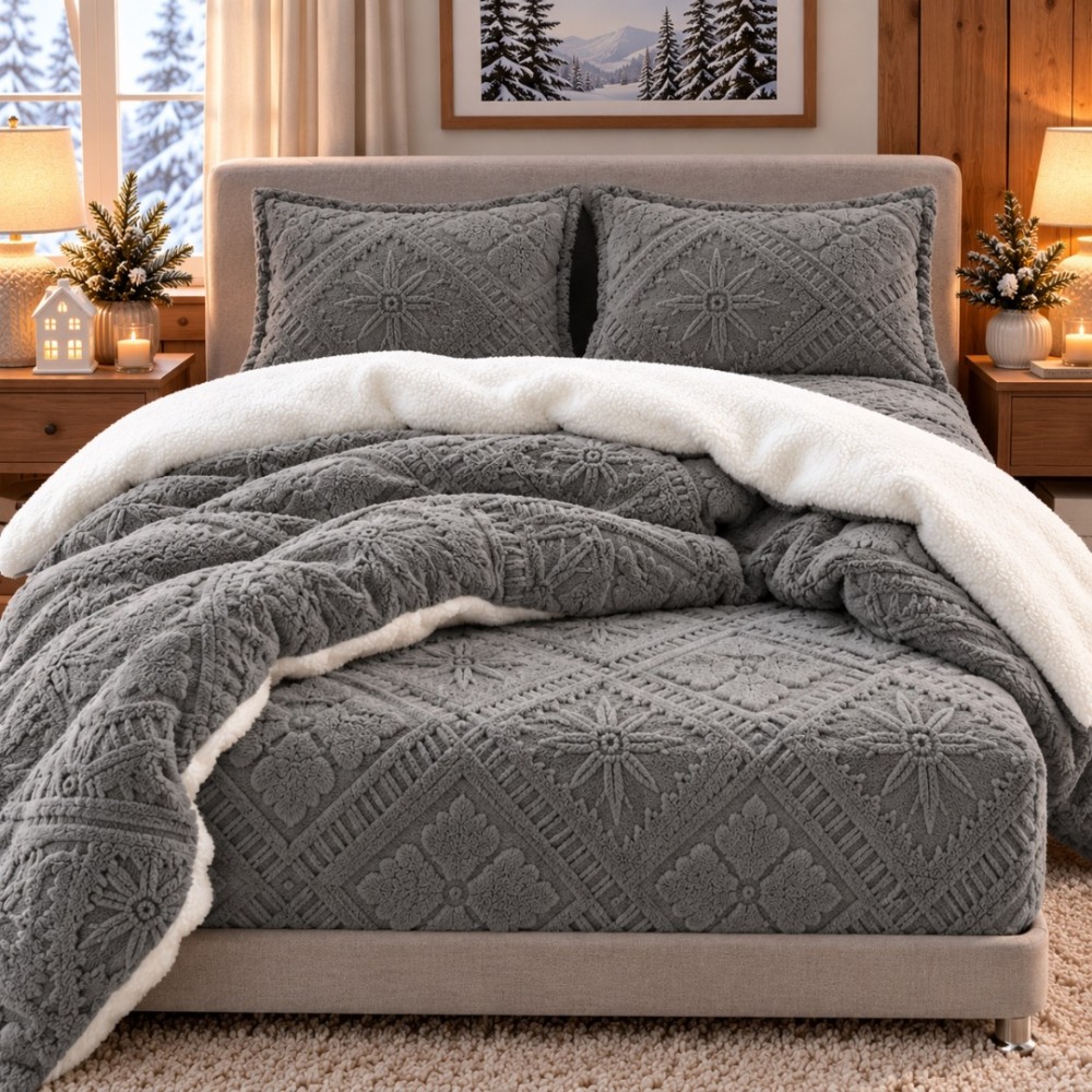 Lenjerie de Pat Dublu, CoCoLiNo Ultra Pufoasa, cu Blanita Sherpa Alba, 4 piese, Cearsaf cu ELASTIC, Model Traditional 3D, Gri inchis — imaginea 5