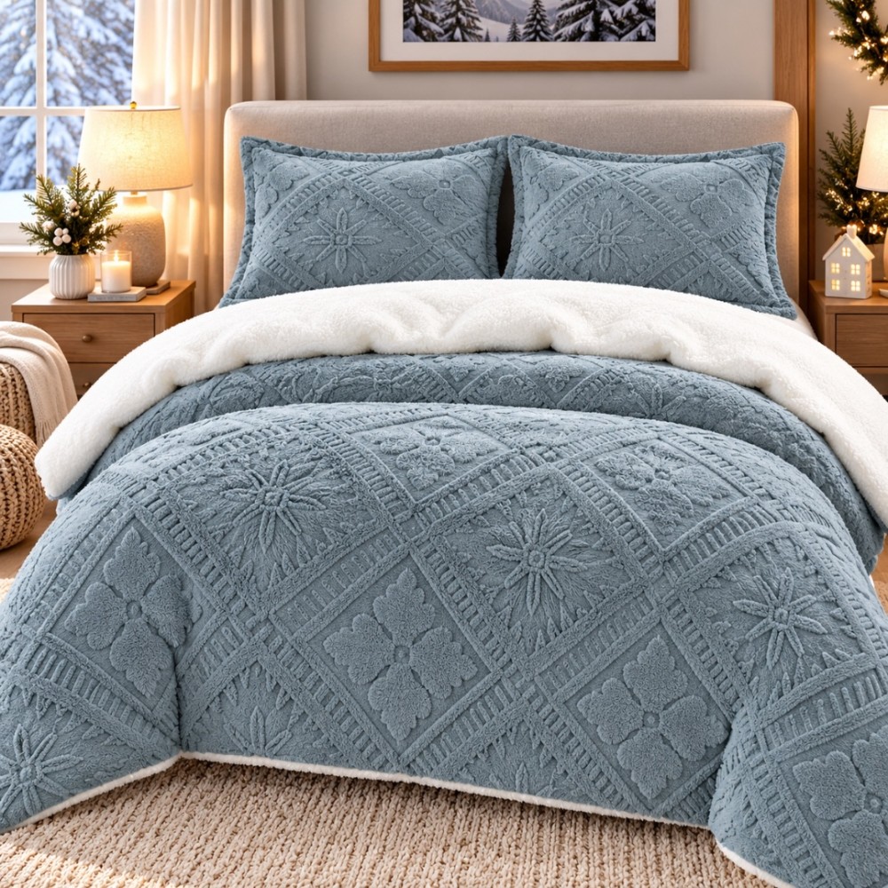Lenjerie de Pat Dublu, CoCoLiNo Ultra Pufoasa, cu Blanita Sherpa Alba, 4 piese, Cearsaf cu ELASTIC, Model Traditional 3D, Gri albastrui — imaginea 2